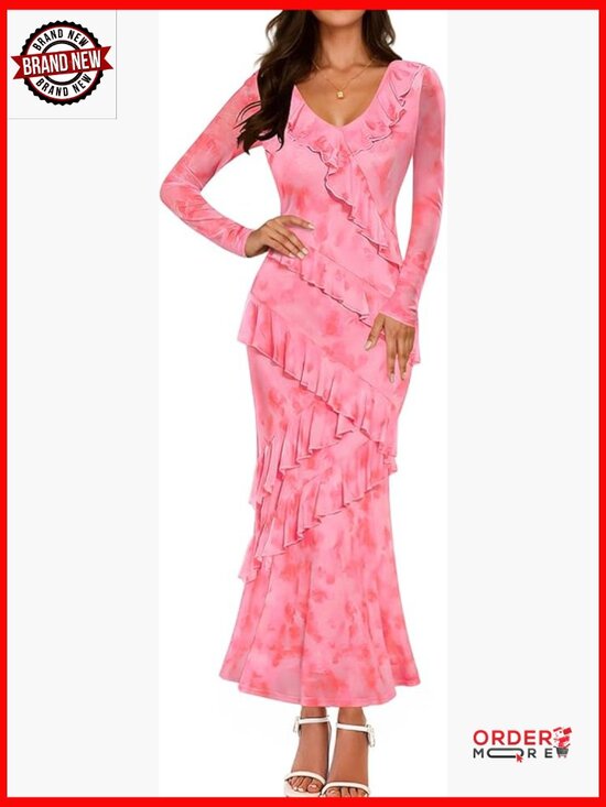 Dresses & Skirts - Floral Long Sleeve Maxi Dress Bodycon V-Neck Ruffle Wedding Party